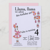 lavendarおよびオレンジラマの誕生日の女の子 招待状 (正面/裏面)