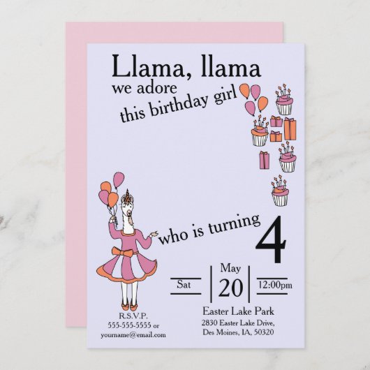 lavendarおよびオレンジラマの誕生日の女の子 招待状 (正面/裏面)