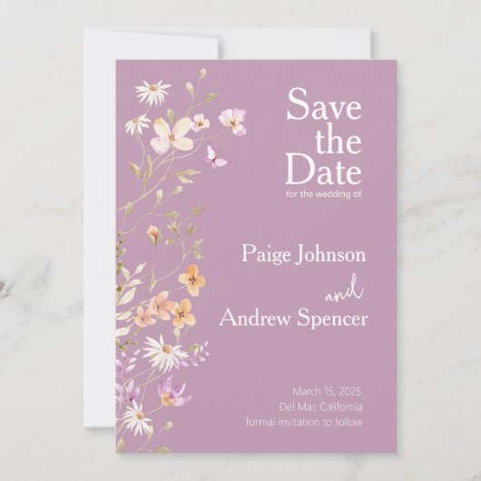Lavendar Wildflowers Wedding Save the Date 招待状 (正面)
