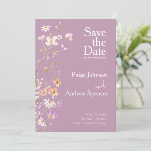 Lavendar Wildflowers Wedding Save the Date 招待状 (スタンド正面)