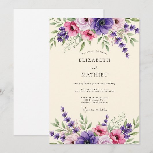 Lavender Amethyst Bloom Wedding 招待状 (正面/裏面)