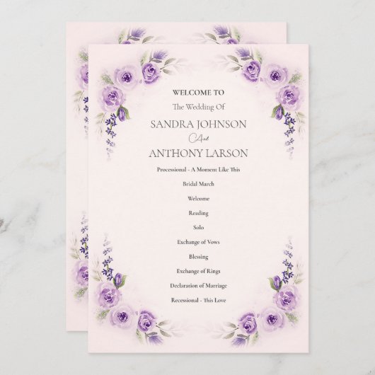 Lavender and Blush Rose Wedding Program プログラム (正面/裏面)