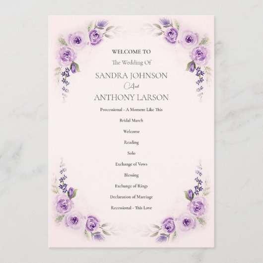 Lavender and Blush Rose Wedding Program プログラム (正面)