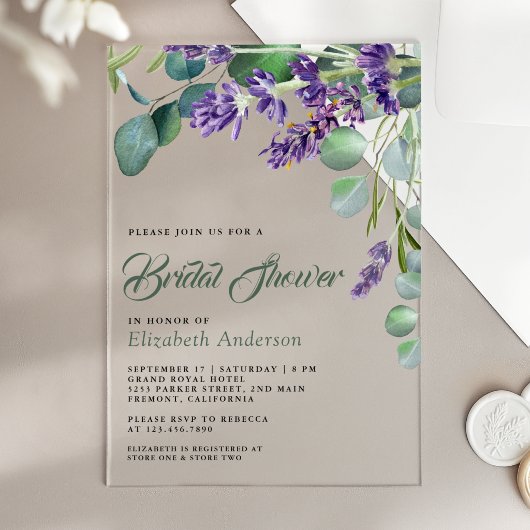 Lavender and Eucalyptus White Marble Bridal Shower アクリル招待状