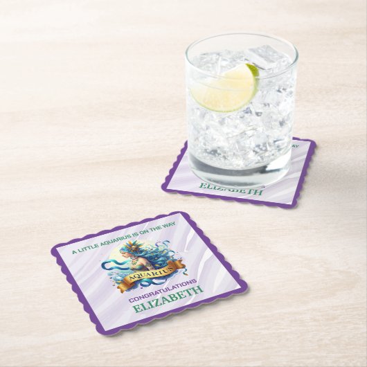 Lavender and Green Aquarius Zodiac Baby Shower ペーパーコースター (インサイチュ)