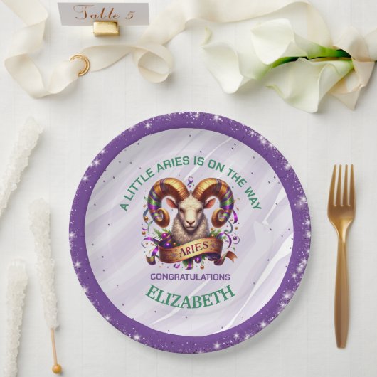 Lavender and Green Aries Zodiac Baby Shower ペーパープレート (ウェディング)