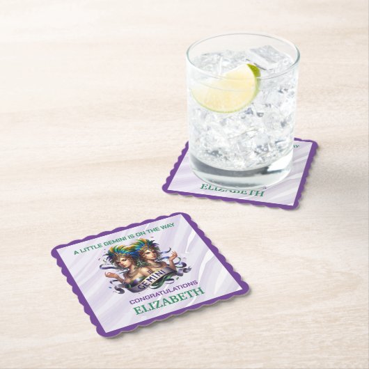 Lavender and Green Gemini Zodiac Baby Shower ペーパーコースター (インサイチュ)