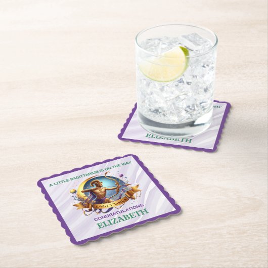 Lavender and Green Sagittarius Zodiac Baby Shower ペーパーコースター (インサイチュ)