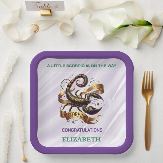 Lavender and Green Scorpio Zodiac Baby Shower ペーパープレート (ウェディング)