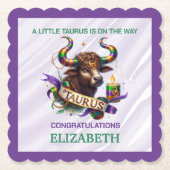 Lavender and Green Taurus Zodiac Baby Shower ペーパーコースター (正面)