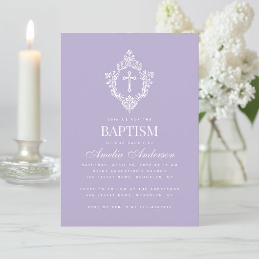 Lavender Baptism Cross Floral Crest Elegant Purple 招待状