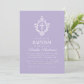 Lavender Baptism Cross Floral Crest Elegant Purple 招待状 (スタンド正面)