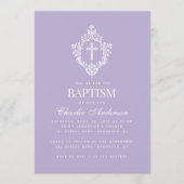 Lavender Baptism Cross in Crest Elegant Vintage 招待状 (正面)