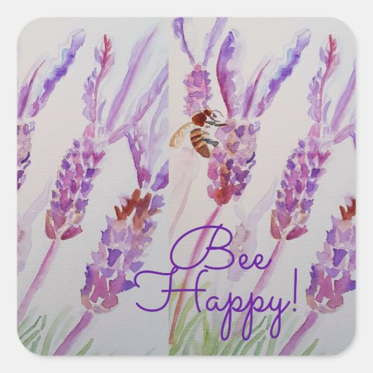 Lavender Bee Happy Herb Watercolor Flower スクエアシール (正面)