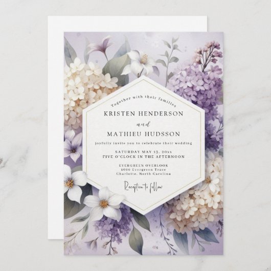 Lavender Blossom Floral Wedding 招待状 (正面/裏面)