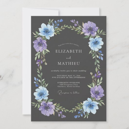 Lavender Blue Floral Flourish Wedding 招待状 (正面)