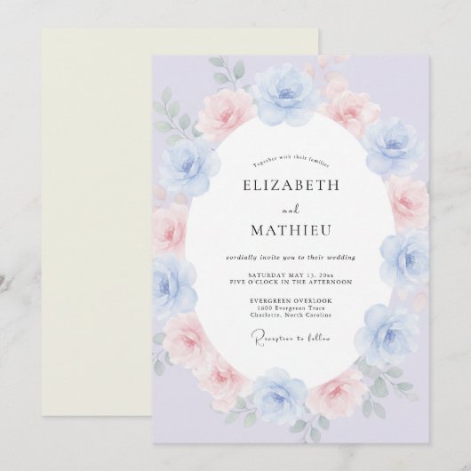 Lavender Blue Painterly Blossom Wedding 招待状 (正面/裏面)