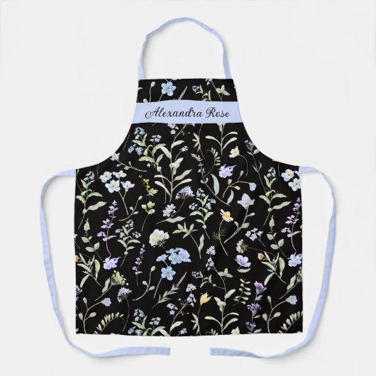 Lavender Blue Watercolor Wildflower Custom Name エプロン (正面)