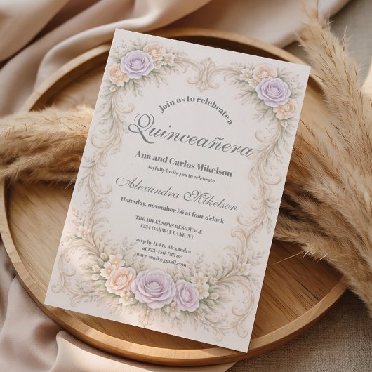 Lavender Blush Baroque Quinceañera 招待状