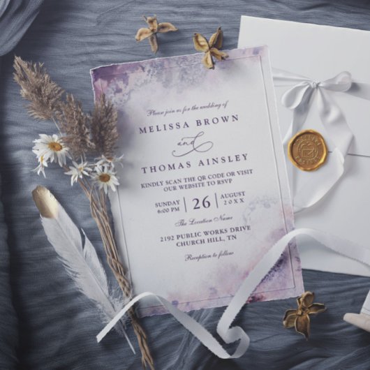 Lavender Blush Elegant Modern Chic QR Code Wedding 招待状