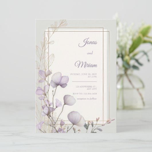 Lavender Botanical Double Gold Frame Wedding 招待状 (スタンド正面)