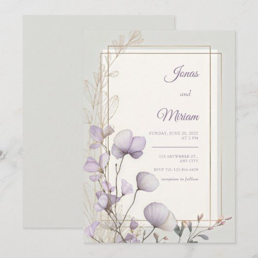 Lavender Botanical Double Gold Frame Wedding 招待状 (正面/裏面)