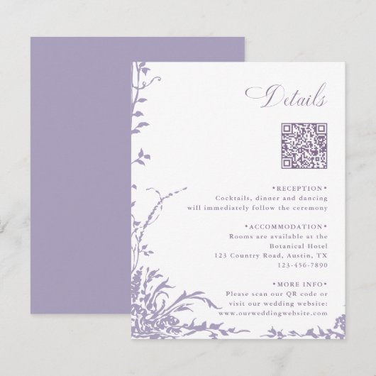 Lavender Botanical Wedding QR Code Details エンクロージャーカード (正面/裏面)