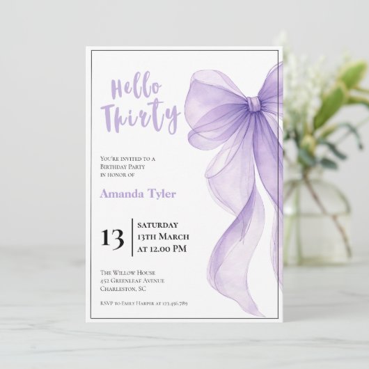 Lavender Bow 30th Birthday Invitation 招待状 (スタンド正面)