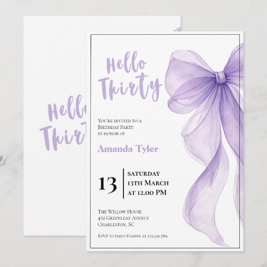 Lavender Bow 30th Birthday Invitation 招待状 (正面/裏面)