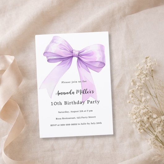 Lavender bow coquette girl birthday 招待状