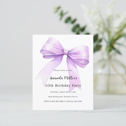 Lavender bow coquette girl birthday invitation (スタンド正面)