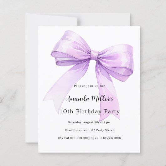 Lavender bow coquette girl birthday invitation (正面)