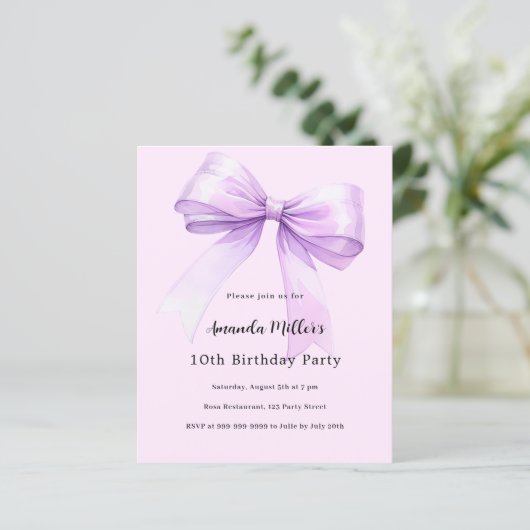 Lavender bow pink coquette birthday invitation (スタンド正面)
