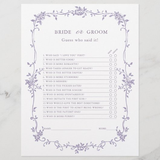 Lavender 'Bride or Groom' Bridal Shower Game  (正面)