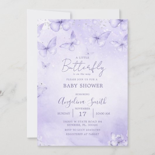 Lavender Butterfly Baby Shower Invitation Girl 招待状 (正面)