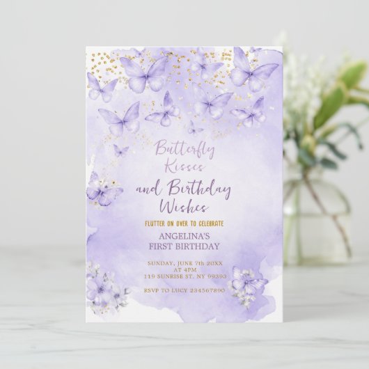 Lavender Butterfly First Birthday Invitation 招待状 (スタンド正面)