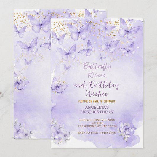 Lavender Butterfly First Birthday Invitation 招待状 (正面/裏面)