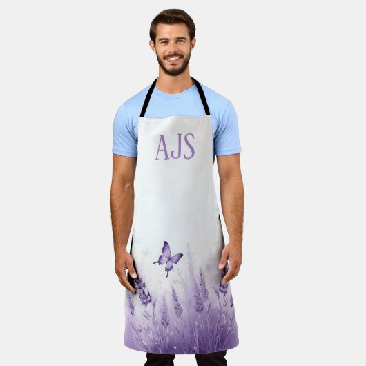 Lavender Butterfly Monogrammed Chef エプロン (着用した状態)