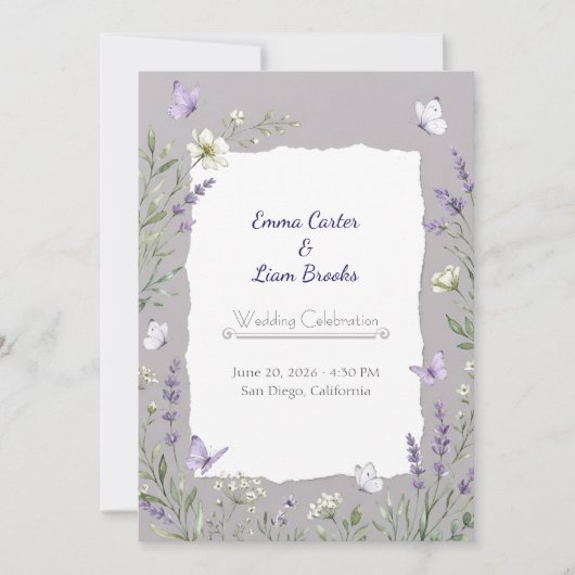 Lavender & Butterfly Watercolor Wedding Invitation 招待状 (正面)