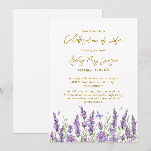 Lavender Celebration of Life Funeral Invitation 招待状 (正面/裏面)