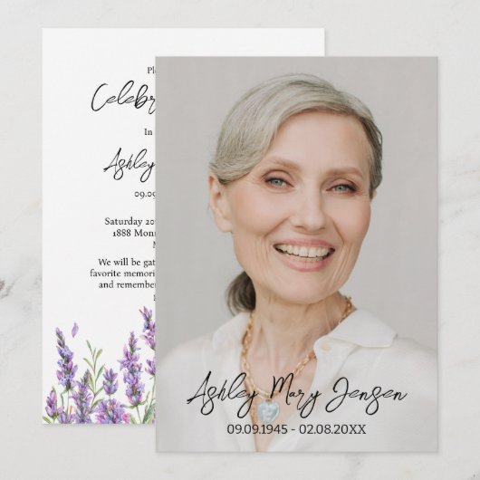Lavender Celebration of Life Photo Funeral 招待状 (正面/裏面)