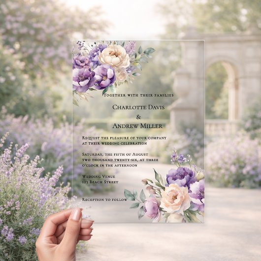 Lavender champagne cream floral luxury wedding アクリル招待状