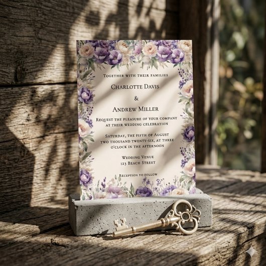 Lavender champagne cream floral wedding 招待状