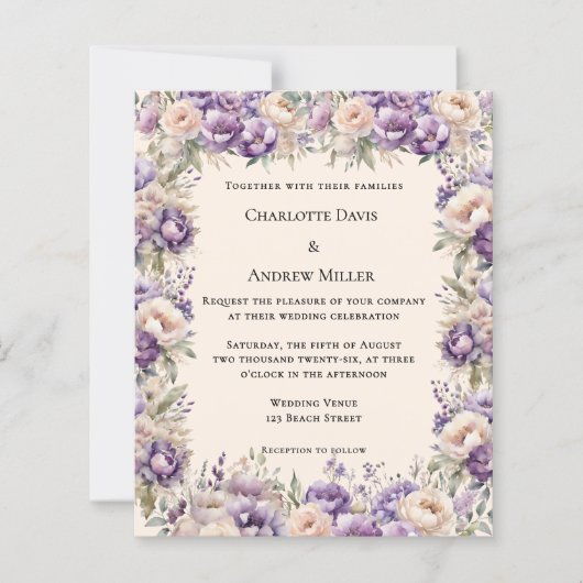 Lavender champagne cream floral wedding invitation (正面)