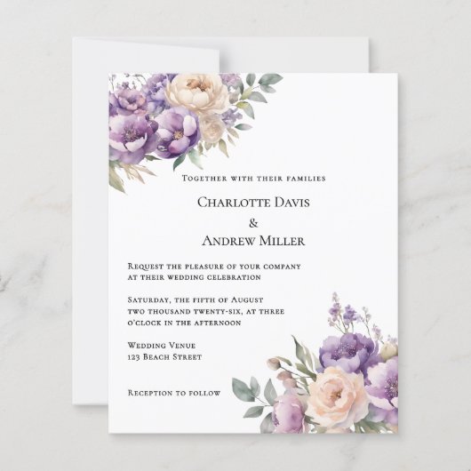 Lavender champagne cream floral wedding invitation (正面)