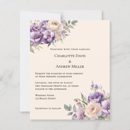 Lavender champagne cream floral wedding invitation (正面)