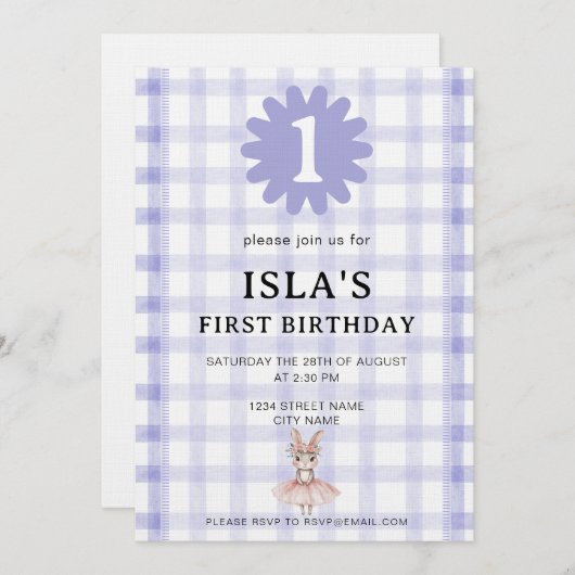 Lavender Check Bunny Ballerina Birthday Invitation 招待状 (正面/裏面)