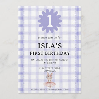 Lavender Check Bunny Ballerina Birthday Invitation 招待状