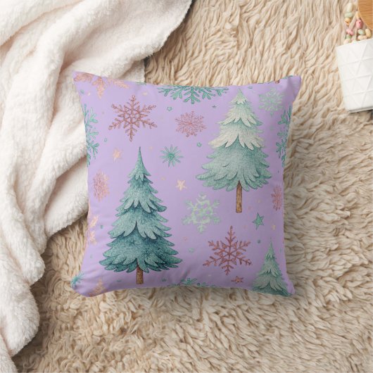 Lavender Christmas Tree and Snowflake Throw Pillow クッション (ブランケット)
