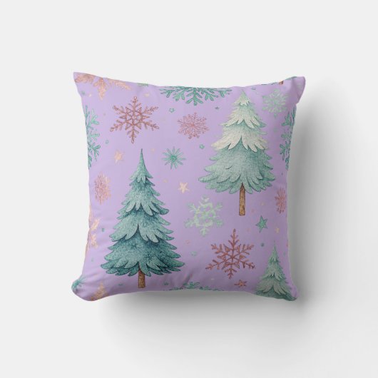 Lavender Christmas Tree and Snowflake Throw Pillow クッション (正面)